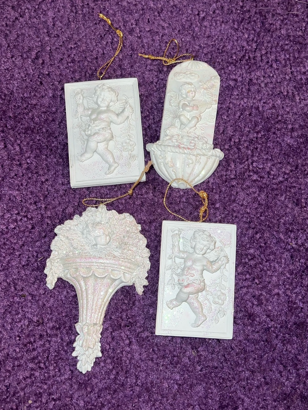 Vintage Baroque Ceramic Cherub Angel Holiday Christmas Ornaments White Glitter